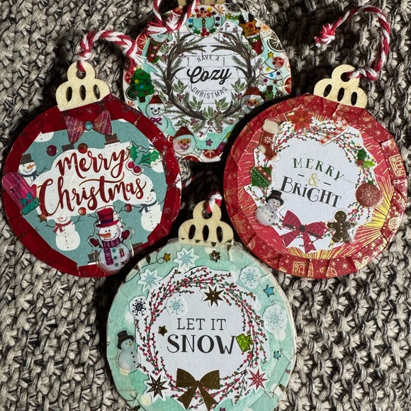 Set of 4 new 3x3” unique handmade wooden Christmas tree hanging ornaments $40 - Picture 1 of 12